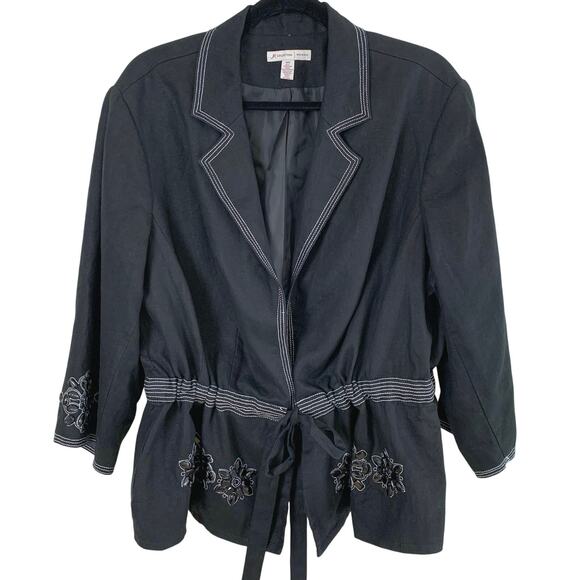 Vintage JM Collection Size 18W 100% Linen Blazer Jacket Black Rhinestone - Picture 1 of 9